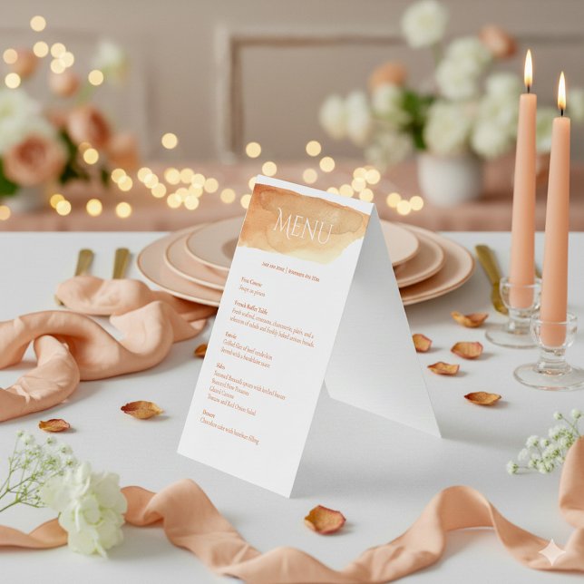 Elegant wedding reception menu table top (Peach watercolor paint wedding menu.)