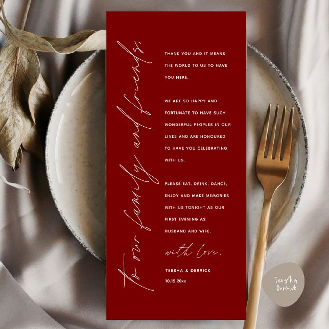 Elegant Wedding Reception Thank You Card for Guest (Elegant Wedding Reception Thank You Card for Guest Dinner Dancing in Burgundy Wine Red)