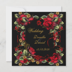 Elegant Wedding Red Roses Gold Black Invitation