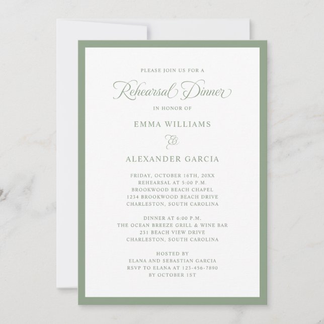 Elegant Wedding Rehearsal Dinner Sage Green Invitation (Front)