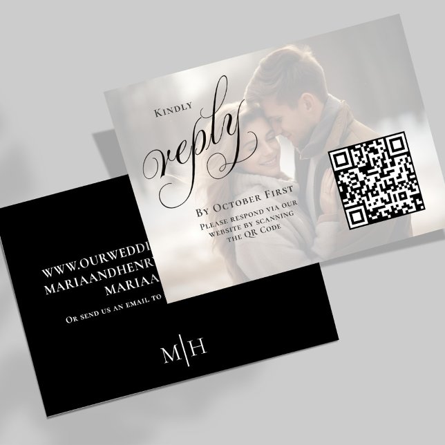 Elegant Wedding Reply RSVP Custom Photo Enclosure Card (Black and white photo reply card with elegant calligraphy script. )