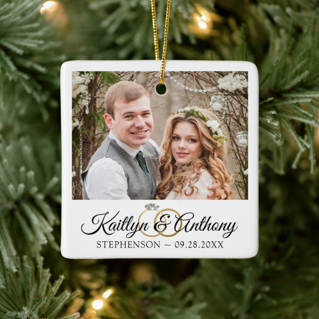 Elegant Wedding Rings 2 Photo Commemorative White Ceramic Ornament (Tree)
