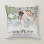 Elegant Wedding Rings Photo Commemorative White Cushion<br><div class="desc">Create an elegant commemorative white wedding keepsake throw pillow featuring a wedding photo of the new bride and groom, an elegant calligraphy script font for the couple's names accented with wedding rings and their wedding date. Makes a meaningful wedding or holiday gift for the newlyweds or create one to commemorate...</div>