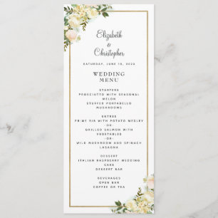 Elegant Wedding Rose Floral Gold Frame White Menu