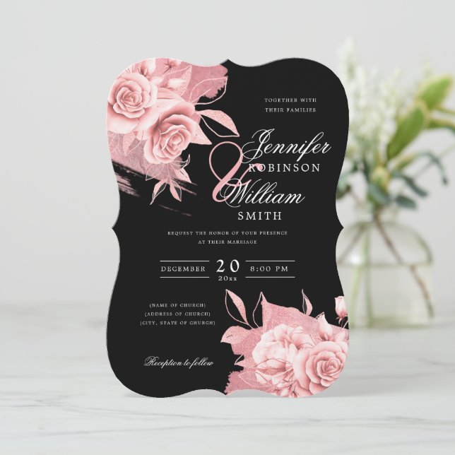 Elegant Wedding Rose Gold Floral & Foil Black  Invitation (Standing Front)
