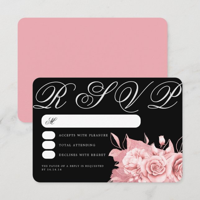 Elegant Wedding Rose Gold Floral Foil RSVP Black  Card (Front/Back)