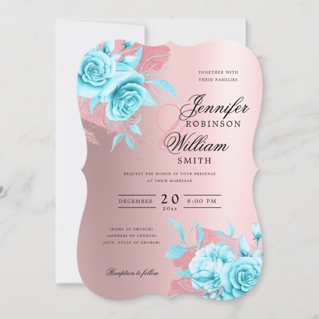 Elegant Wedding Rose Gold Floral & Foil Teal Invitation (Front)