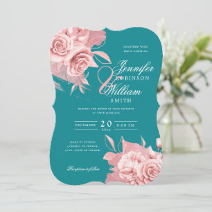 Elegant Wedding Rose Gold Floral & Foil Teal Invitation