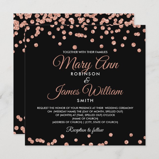 Elegant Wedding Rose Gold Glitter Confetti Black Invitation (Front/Back)