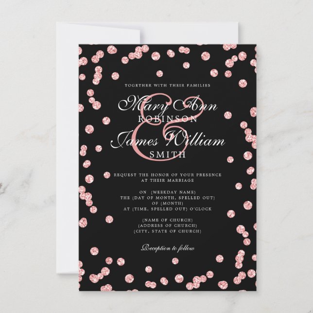 Elegant Wedding Rose Gold Glitter Confetti Black  Invitation (Front)