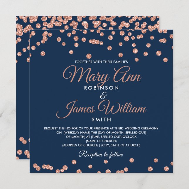 Elegant Wedding Rose Gold Glitter Confetti Navy Invitation (Front/Back)