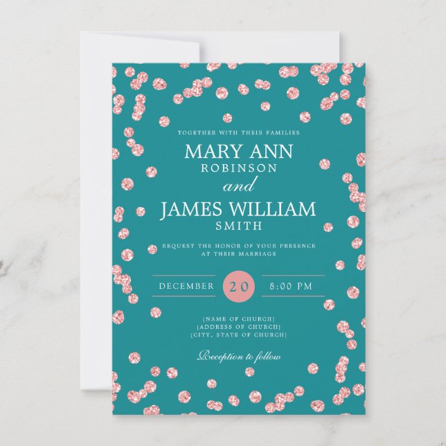 Elegant Wedding Rose Gold Glitter Confetti Teal  Invitation (Front)