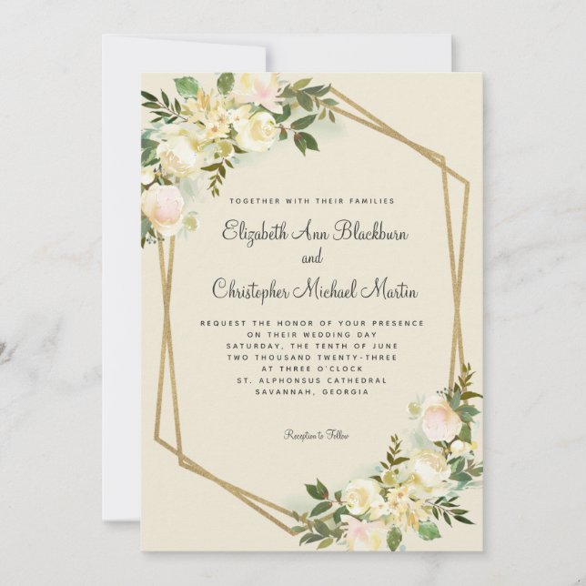 Elegant Wedding Roses Floral Gold Geometric Invitation (Front)