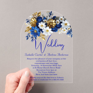 Elegant Wedding Royal Blue White Gold Flowers Acrylic Invitations