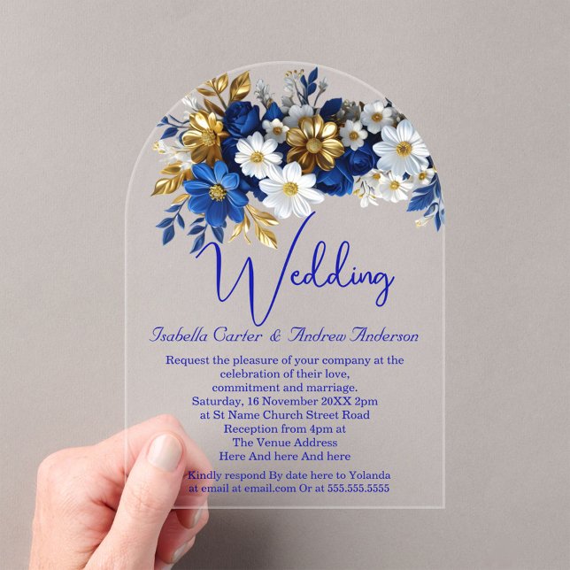 Elegant Wedding Royal Blue White Gold Flowers Acrylic Invitations (Creator Uploaded)