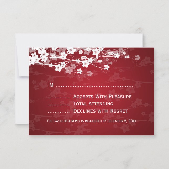 Elegant Wedding RSVP Cherry Blossom Red Card (Front)