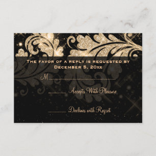Elegant Wedding RSVP Gold Floral Glitter Swirl Card