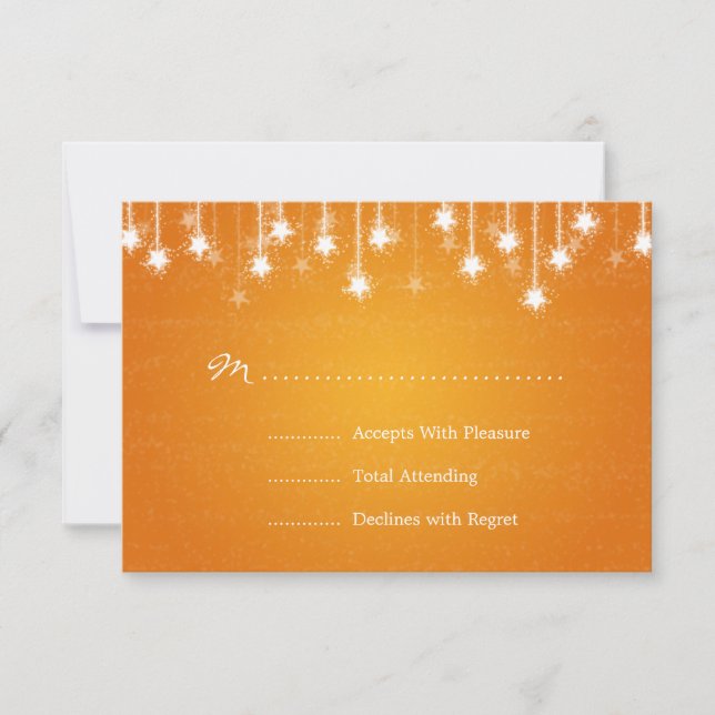Elegant Wedding RSVP Shimmering Stars Orange Card (Front)