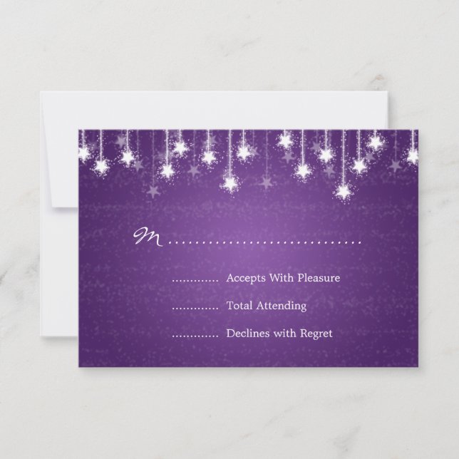 Elegant Wedding RSVP Shimmering Stars Purple Card (Front)