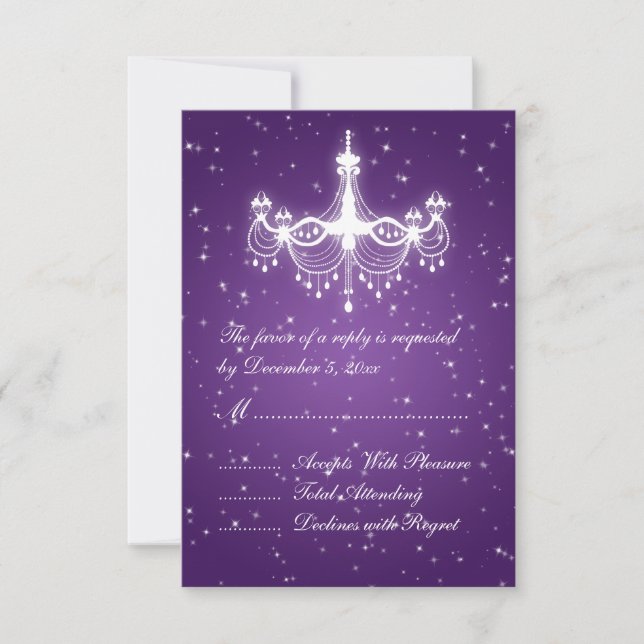 Elegant Wedding RSVP Sparkling Chandelier Purple (Front)