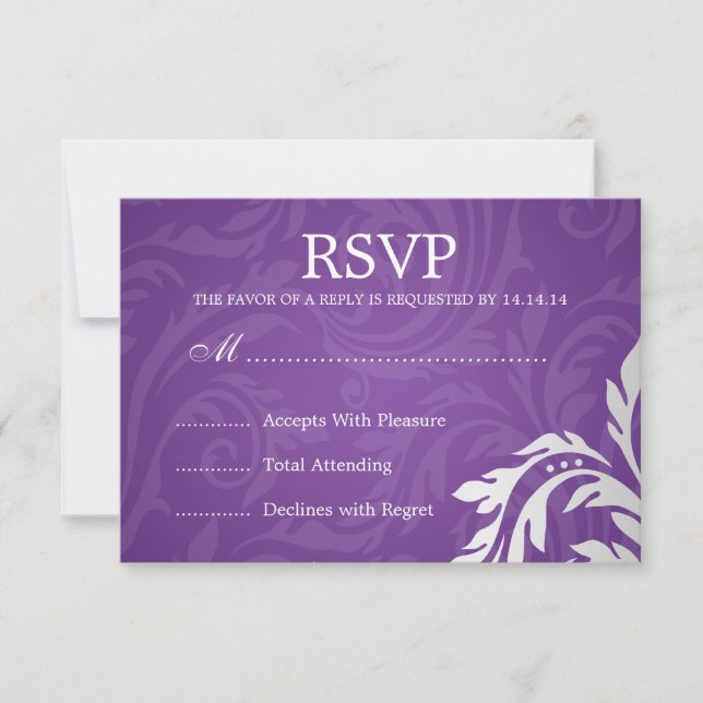 Elegant Wedding RSVP Swirly Flourish Purple (Front)