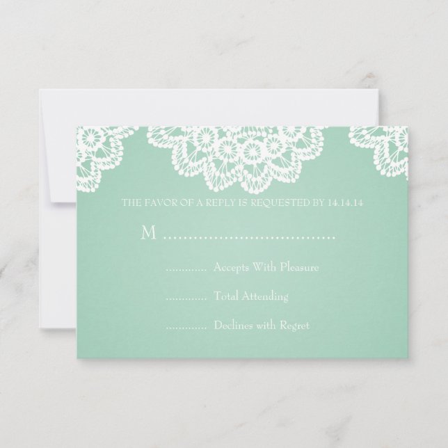 Elegant Wedding RSVP Vintage Lace Mint Green Card (Front)