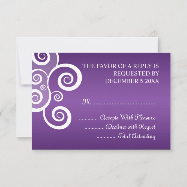 Elegant Wedding RSVP White Swirls Purple (Front)