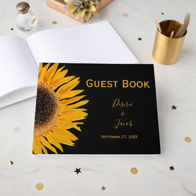 Elegant Wedding Rustic Yellow Black Sunflower Guest Book (Front Open)