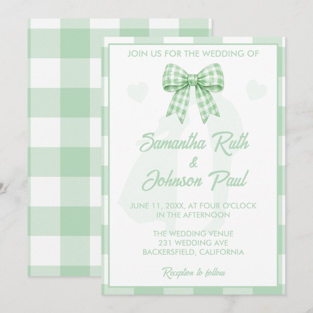 Elegant Wedding Sage Green Gingham Bow Invitation (Front/Back)