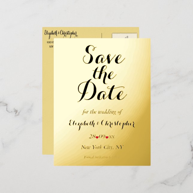 Elegant Wedding Save the Date Black Faux Gold  Foil Invitation Postcard (Front/Back)