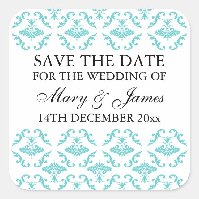 Elegant Wedding Save The Date Blue Damask Square Sticker (Front)