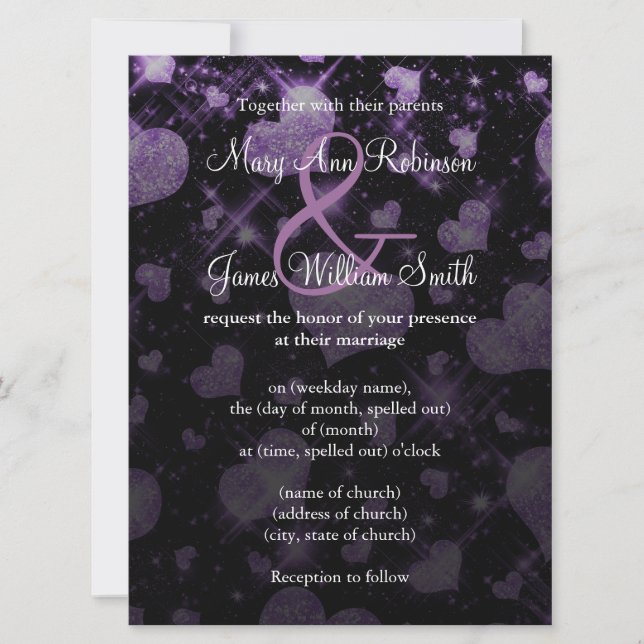 Elegant Wedding Save The Date Glitter Heart Purple Invitation (Front)