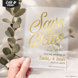 Elegant Wedding Save the Date Gold Text Frosted Acrylic Invitations