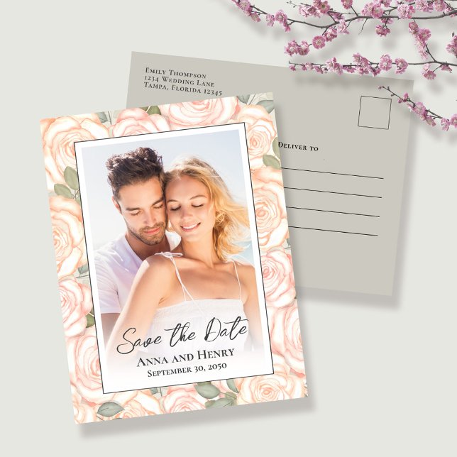 Elegant Wedding Save the Date Photo  Postcard (Blush pink save the date photo postcard.)
