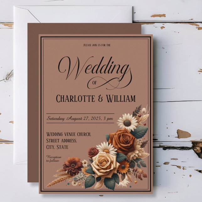 Elegant Wedding Script Brown Floral Invitation (Creator Uploaded)