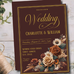Elegant Wedding Script Brown Floral  Invitation