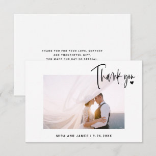 Elegant Wedding Script Photo Heart Simple Modern Thank You Card