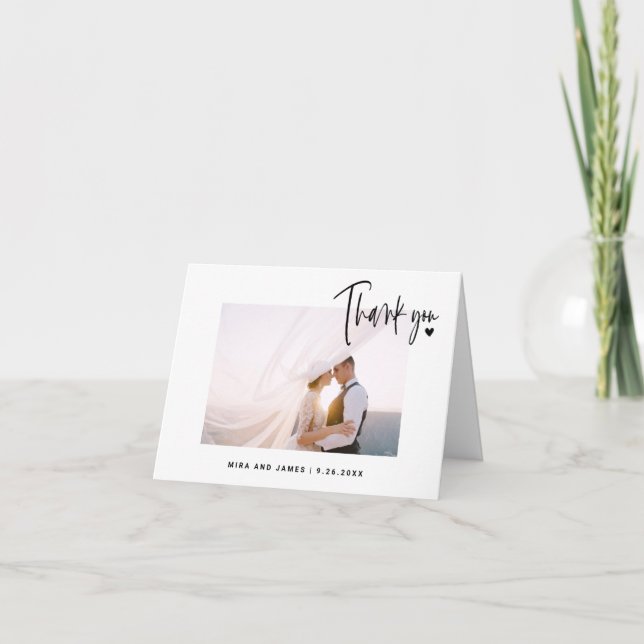 Elegant Wedding Script Photo Heart Simple Modern Thank You Card (Front)