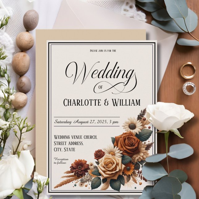 Elegant Wedding Script Rustic Brown Floral Invitation (Creator Uploaded)