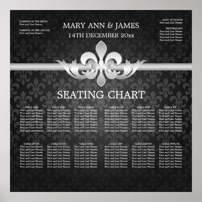Elegant Wedding Seating Chart Fleur De Lis Black (Front)
