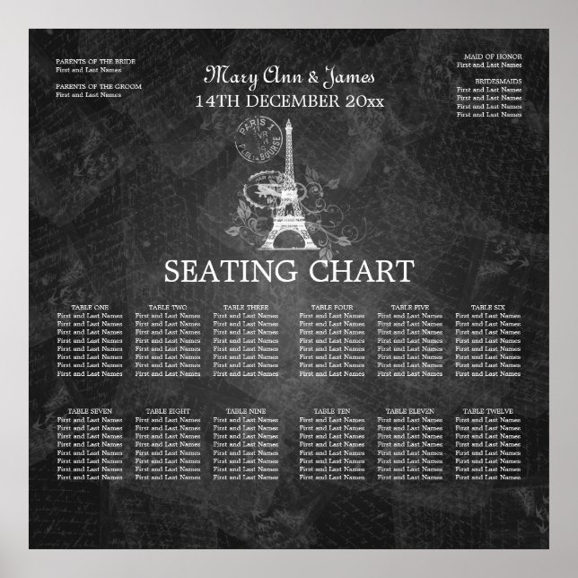 Elegant Wedding Seating Chart Paris Black (Front)