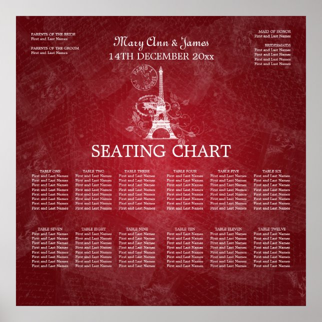 Elegant Wedding Seating Chart Paris Red (Front)