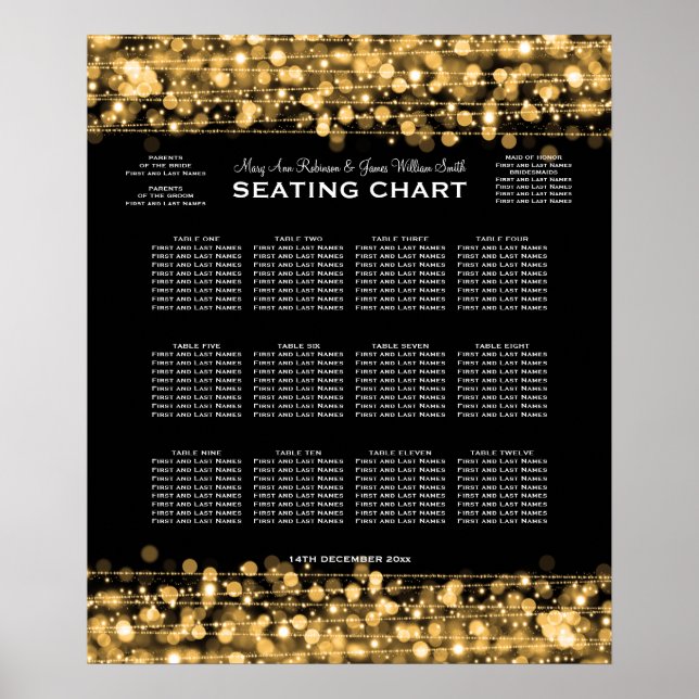 Elegant Wedding Seating Chart Party Sparkles Gold (Front)