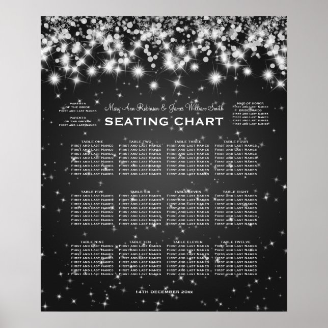 Elegant Wedding Seating Chart Winter Sparkle Black (Front)