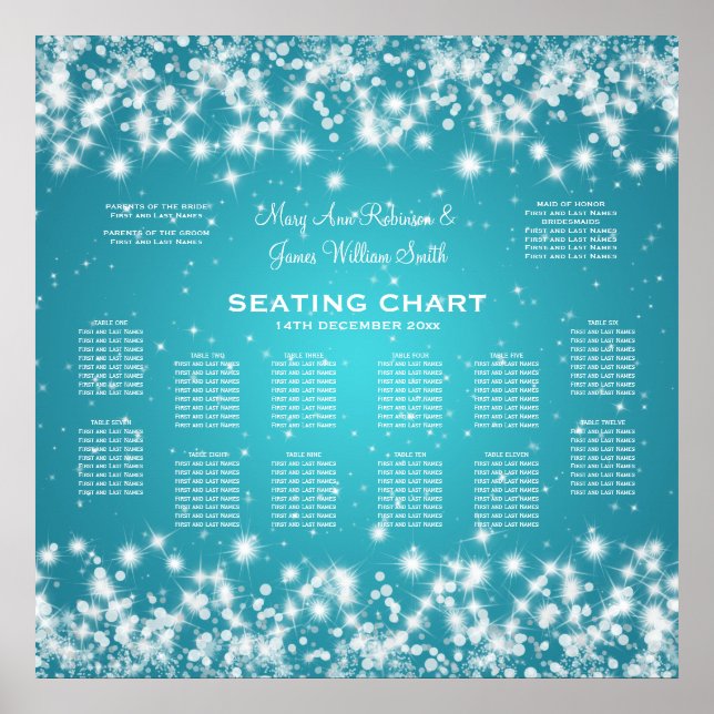 Elegant Wedding Seating Chart Winter Sparkle Blue (Front)