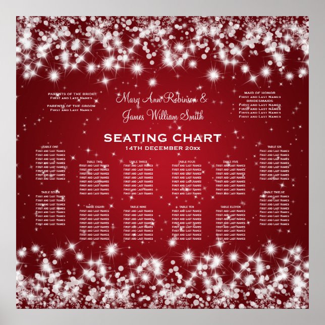 Elegant Wedding Seating Chart Winter Sparkle Red (Front)