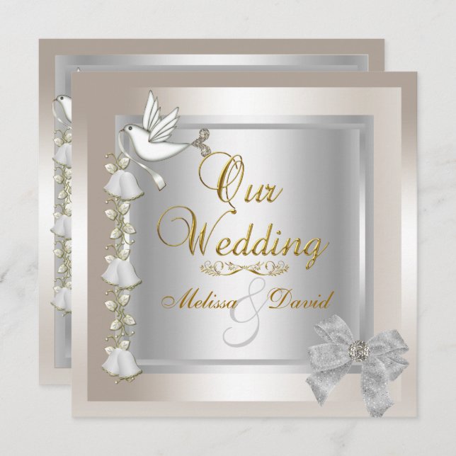 Elegant Wedding Sepia Gold Silver White Dove Invitation (Front/Back)