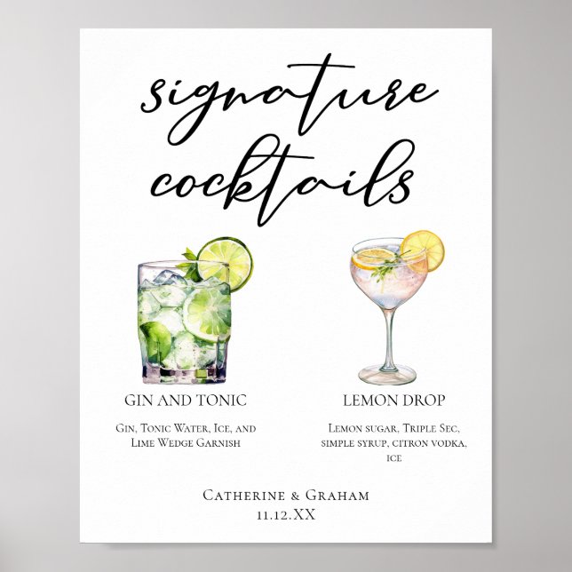 Elegant Wedding Signature Cocktails Menu Poster (Front)