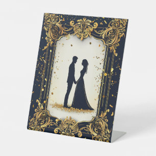 Elegant Wedding Silhouette with Ornate Golden Fram Pedestal Sign