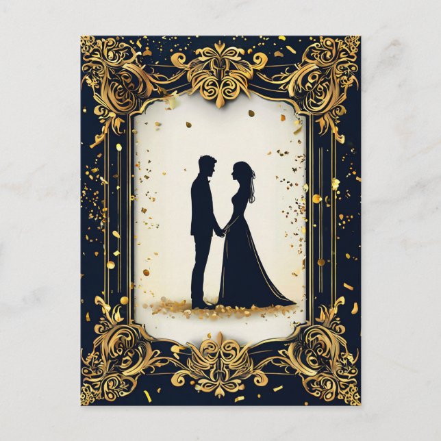 Elegant Wedding Silhouette with Ornate Golden Fram Postcard (Front)